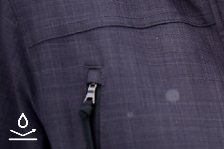 EcoDry Technology logo over a blue jacket zipper